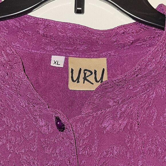 URU 100% Silk Textured Floral Top Shirt Lagenlook Mulberry XL Made in USA - Picture 3 of 9